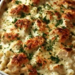 High Protein Chicken Alfredo Bake dish with pasta and chicken
