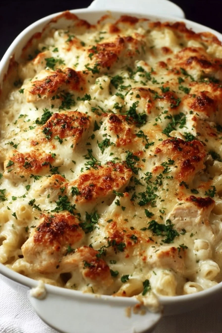 High Protein Chicken Alfredo Bake dish with pasta and chicken