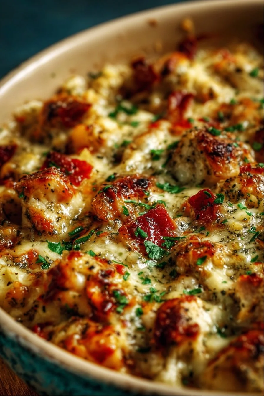 Delicious high protein chicken bake ready to serve on a plate