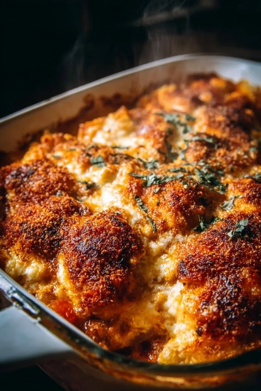 High protein chicken parmesan casserole dish with melted cheese