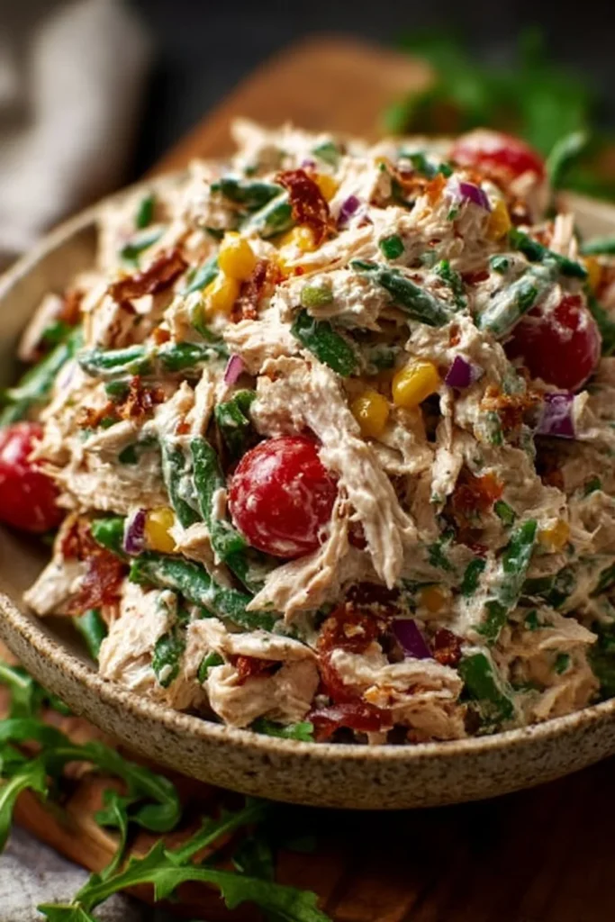 High protein chicken salad with fresh vegetables and dressing