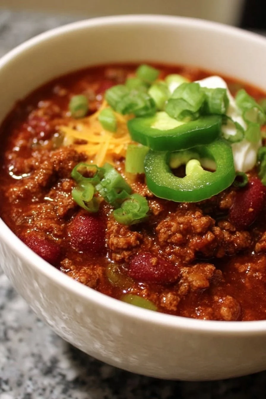 Bowl of high protein chili topped with fresh herbs and spices