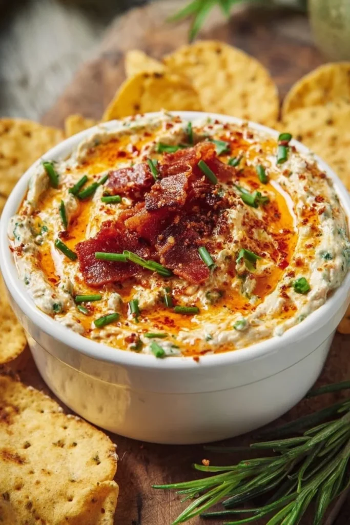 High-protein crack dip served with fresh vegetables and tortilla chips