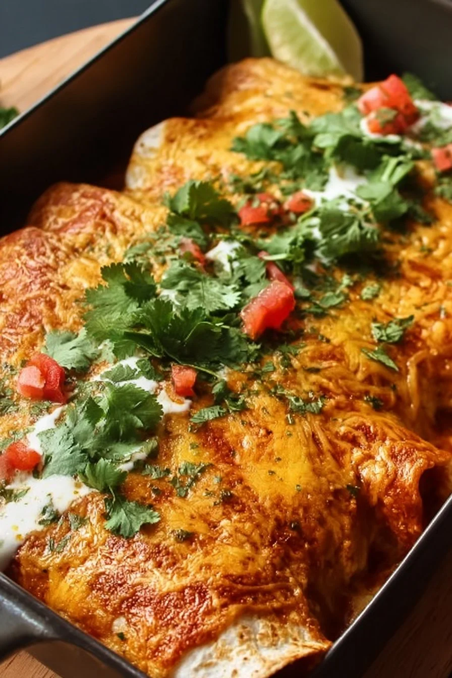 Creamy chilli chicken enchiladas topped with cheese and fresh herbs
