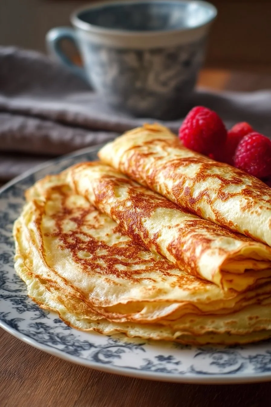 High protein crepe pancakes served with berries and syrup
