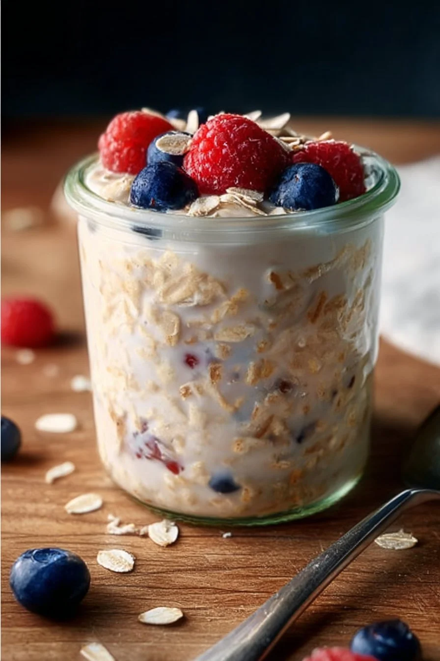 Bowl of high-protein overnight oats topped with fruits and nuts