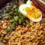 Bowl of high-protein ramen noodle soup with fresh vegetables and toppings