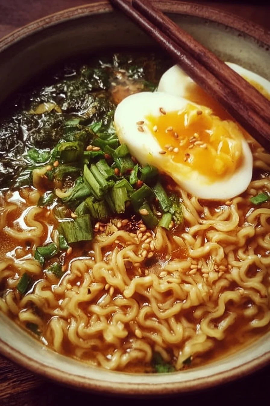 High-Protein Ramen Noodle Soup 3 Bowl of high-protein ramen noodle soup with fresh vegetables and toppings