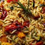 High protein roasted vegetable orzo dish with colorful veggies and herbs