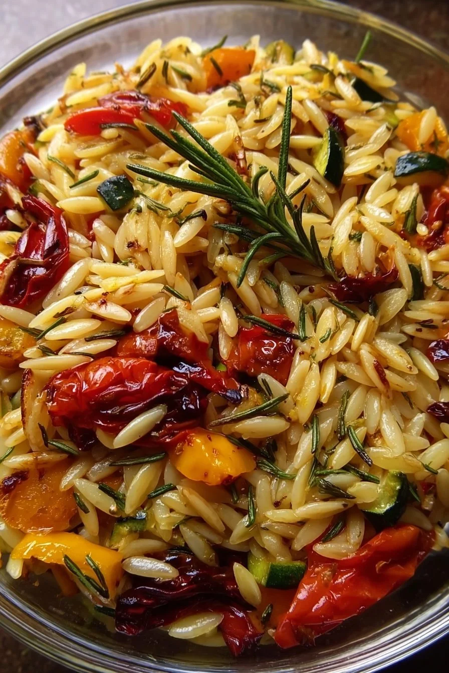 High Protein Roasted Vegetable Orzo 3 High protein roasted vegetable orzo dish with colorful veggies and herbs