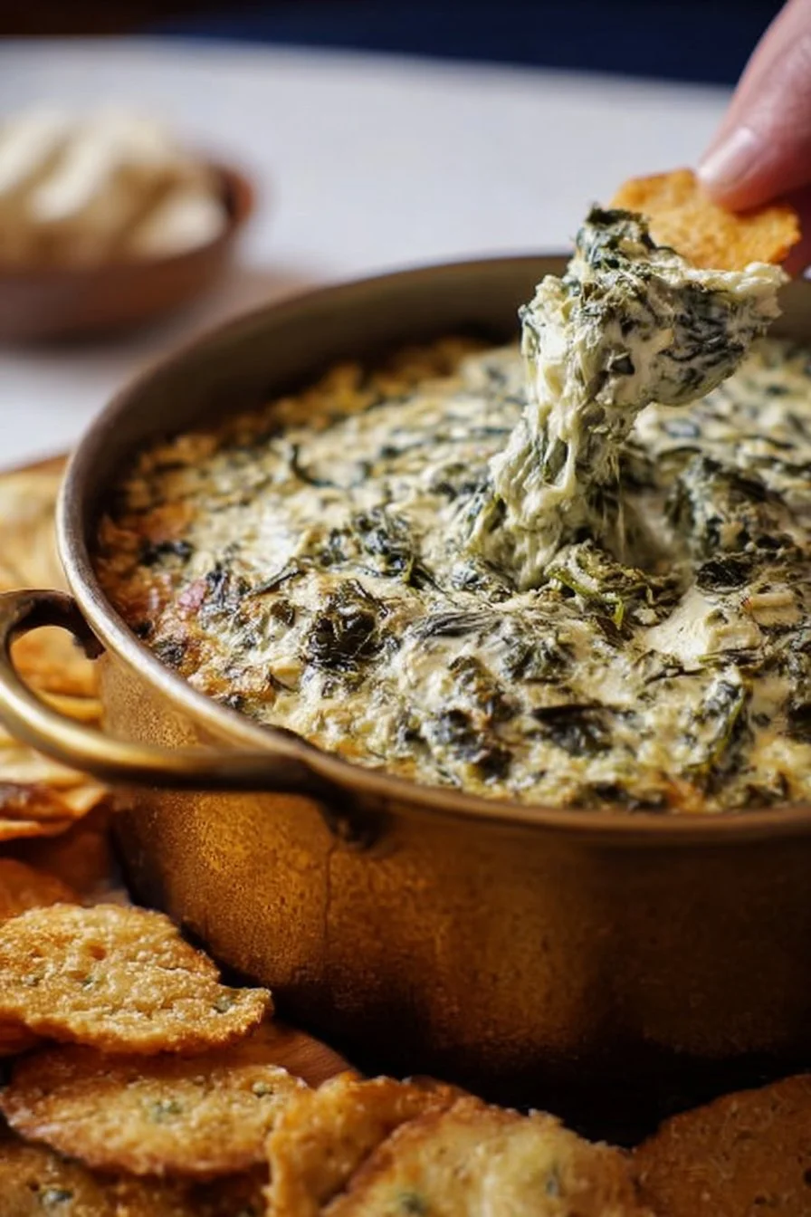 High-protein spinach artichoke dip served with tortilla chips