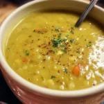 A bowl of high protein split pea soup garnished with herbs and spices.
