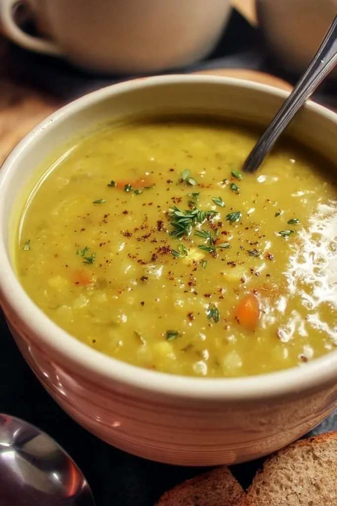 A bowl of high protein split pea soup garnished with herbs and spices.