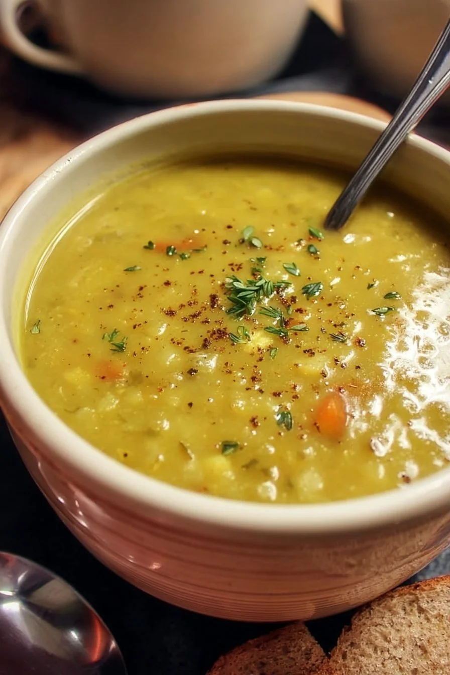 A bowl of high protein split pea soup garnished with herbs and spices.