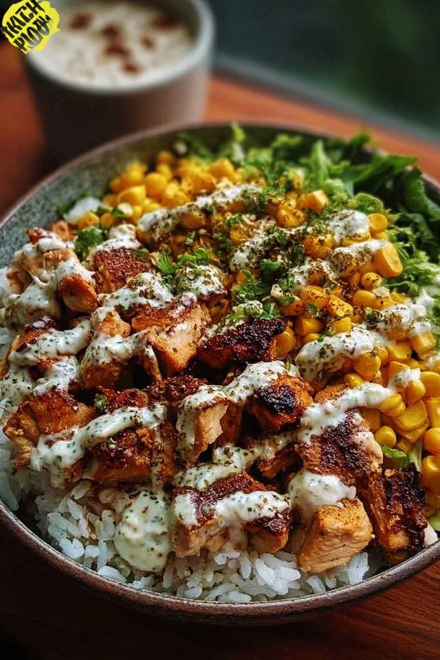 High Protein Street Corn Chicken Rice Bowl with vibrant toppings and chicken