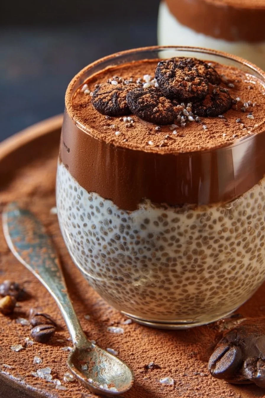 High protein tiramisu chia pudding topped with cocoa powder and chocolate shavings.