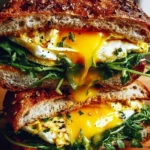High-protein vegetarian breakfast sandwich with fresh ingredients on a plate
