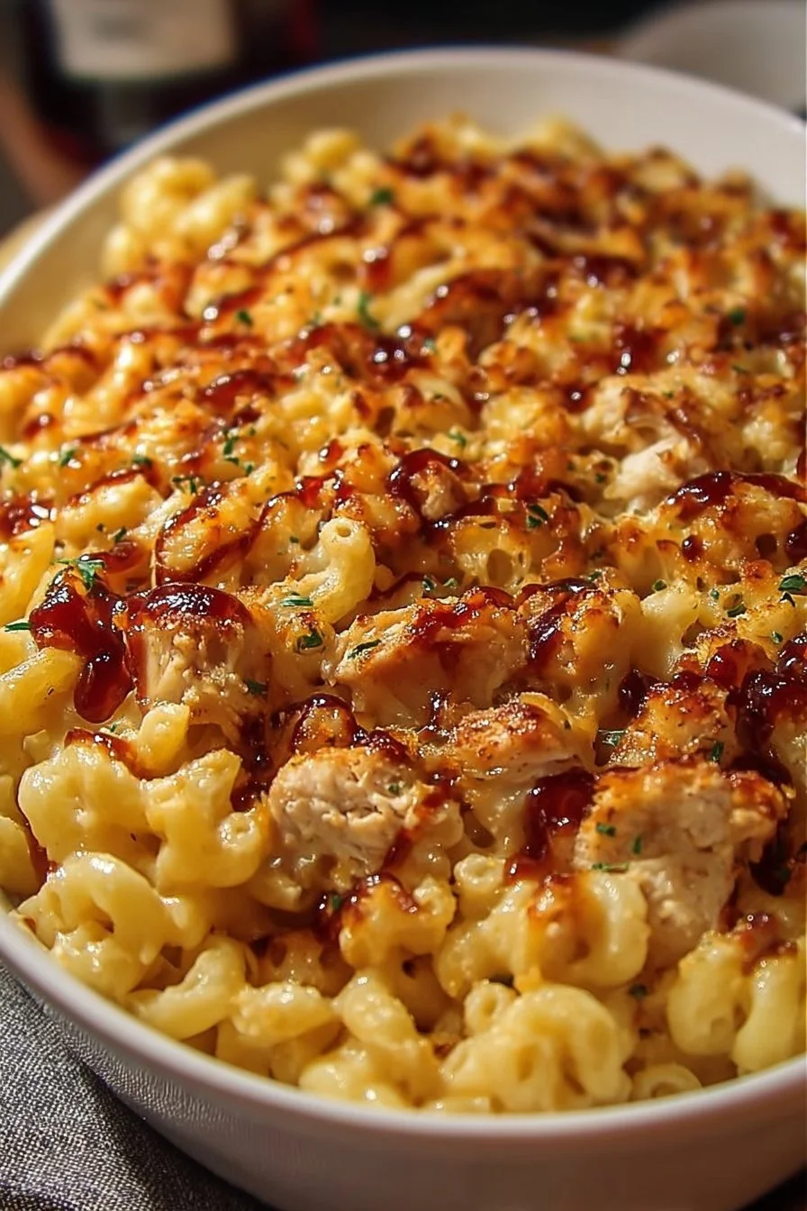 Delicious Honey BBQ Chicken Mac & Cheese topped with crispy breadcrumbs
