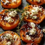 Plate of honey feta sweet potato rounds garnished with herbs