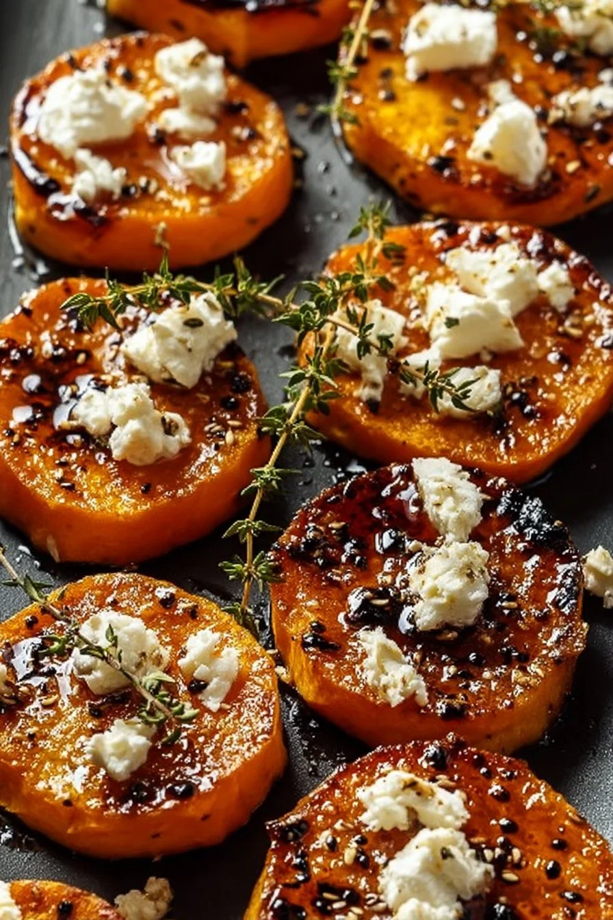 Plate of honey feta sweet potato rounds garnished with herbs