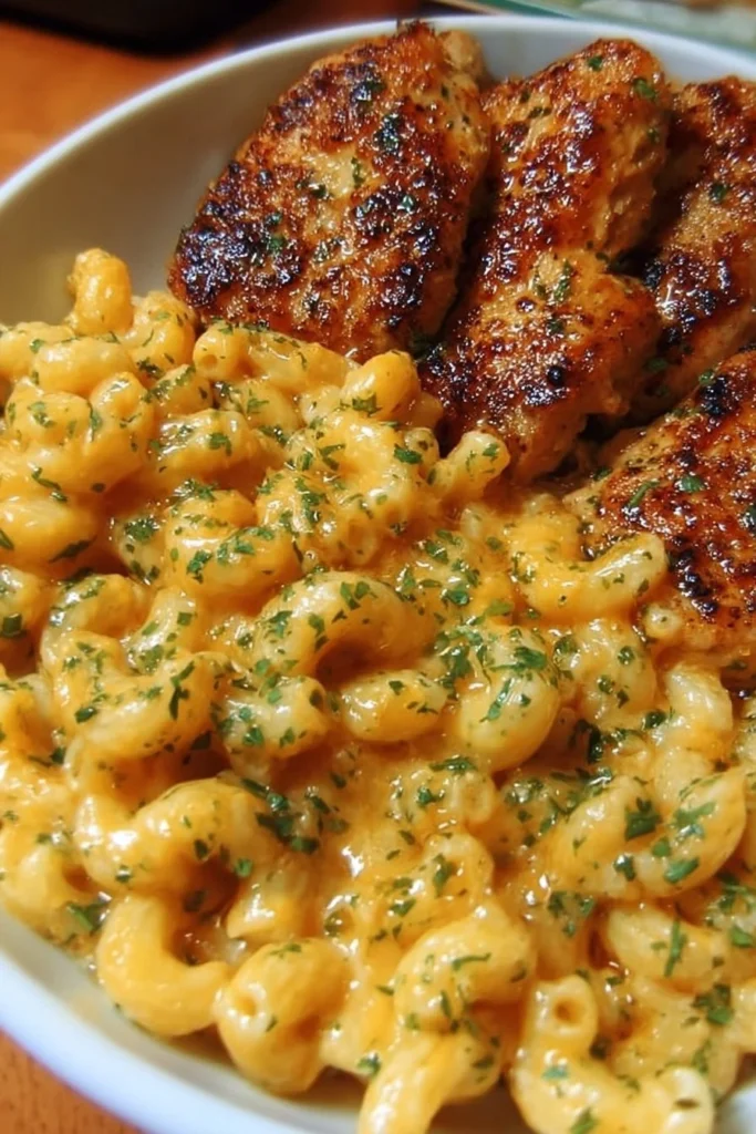 Honey Garlic Butter Chicken served with creamy mac and cheese
