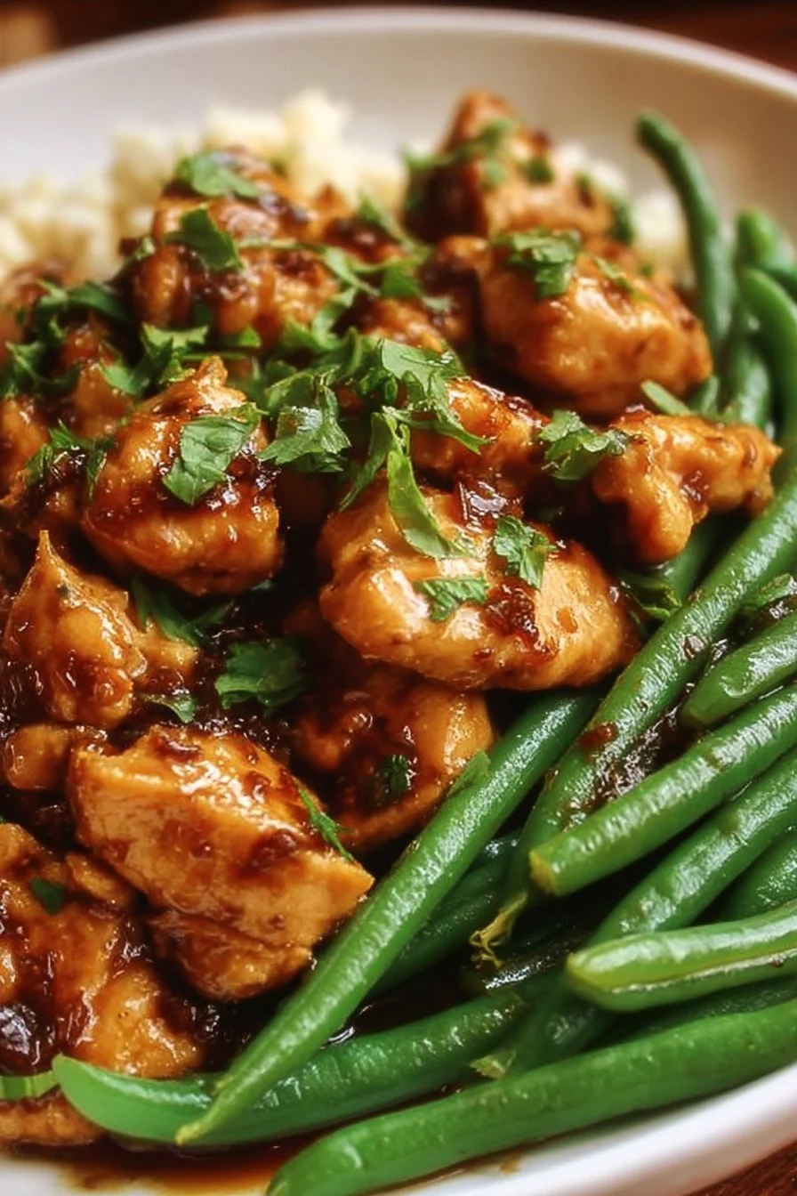 Honey Garlic Chicken served with fresh green beans on a plate