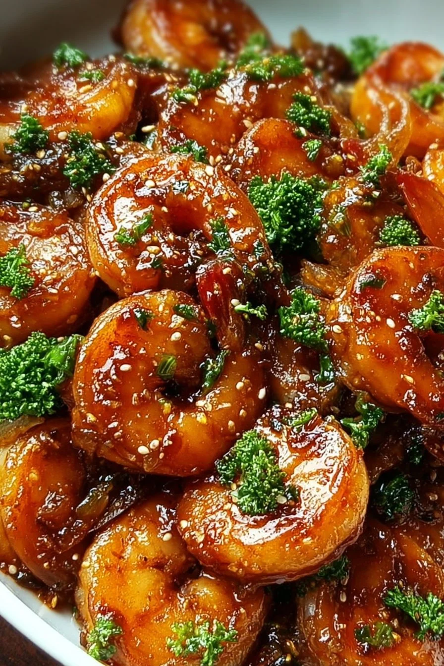 Plate of honey garlic shrimp garnished with green onions and sesame seeds