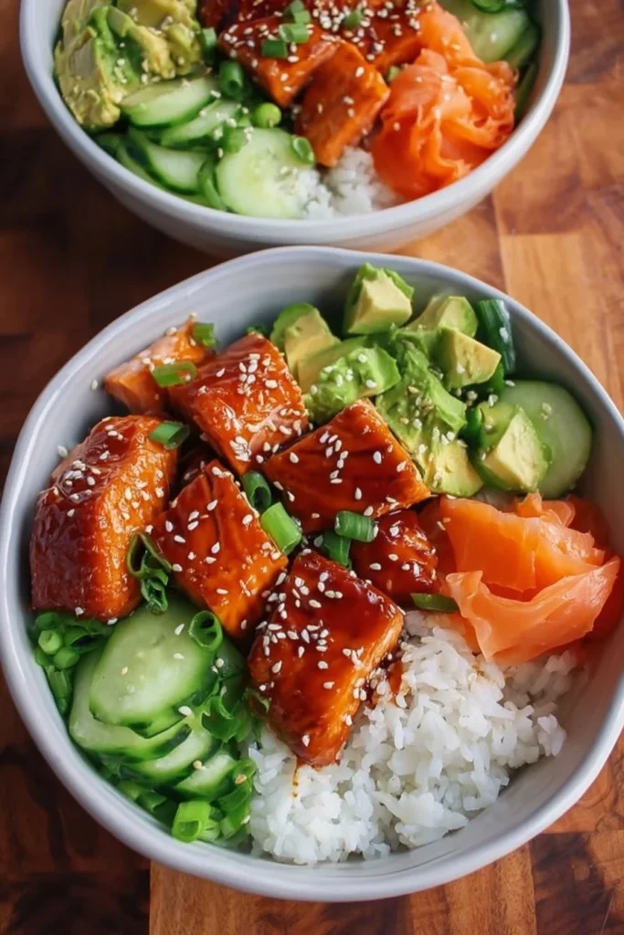 Honey Sriracha Salmon Bowls with fresh vegetables and rice