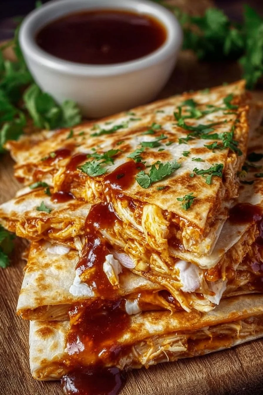 Delicious hot honey BBQ chicken quesadillas on a plate.
