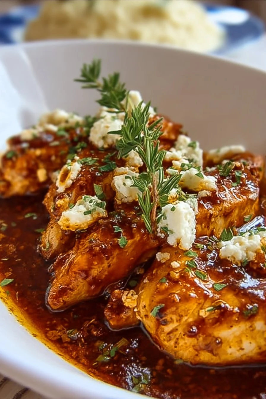 Delicious hot honey feta chicken served with herbs and spices