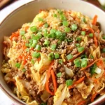 Healthy Inside Out Egg Roll in a Bowl featuring fresh veggies and savory meat.