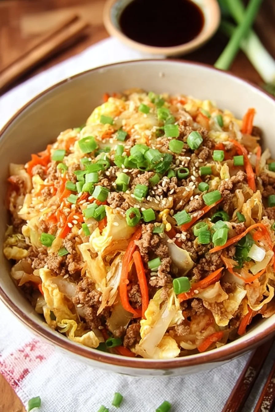 Healthy Inside Out Egg Roll in a Bowl featuring fresh veggies and savory meat.