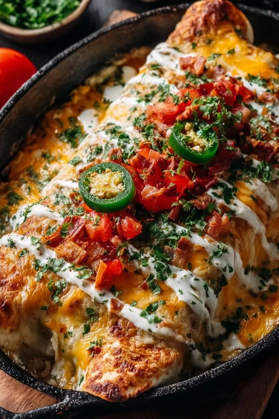 Delicious jalapeño popper enchiladas topped with cheese and jalapeños