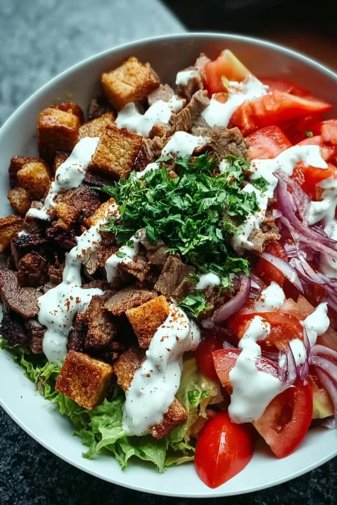 Delicious kebab bowl featuring grilled meat, fresh vegetables, and flavorful sauces