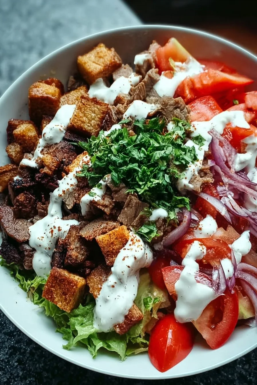 Delicious kebab bowl featuring grilled meat, fresh vegetables, and flavorful sauces