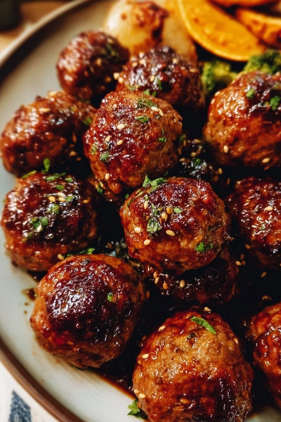 Delicious Korean BBQ meatballs ready to be served in a platter.
