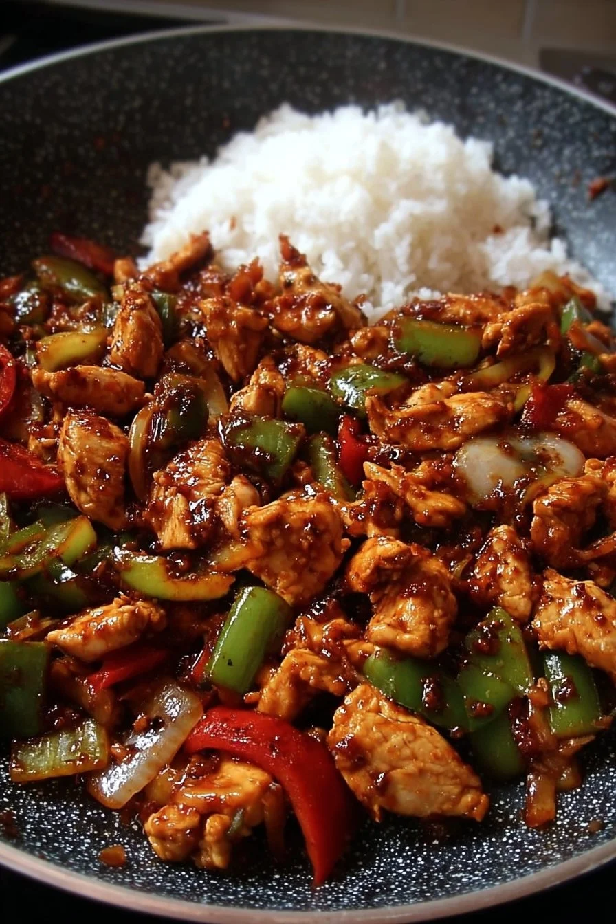 Korean spicy chicken stir fry with colorful vegetables