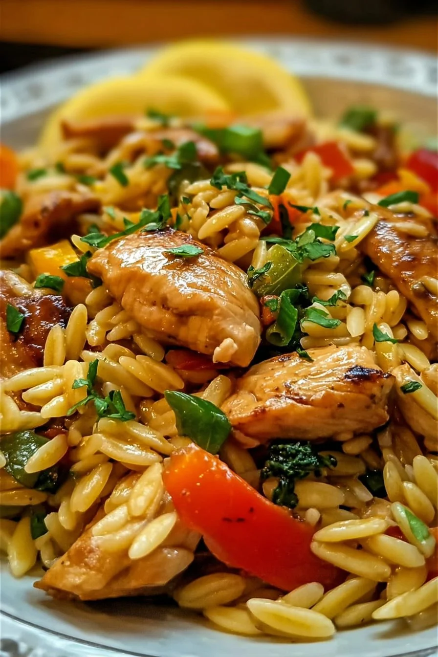 Lemon Chicken Veggie Orzo Stir Fry garnished with fresh herbs
