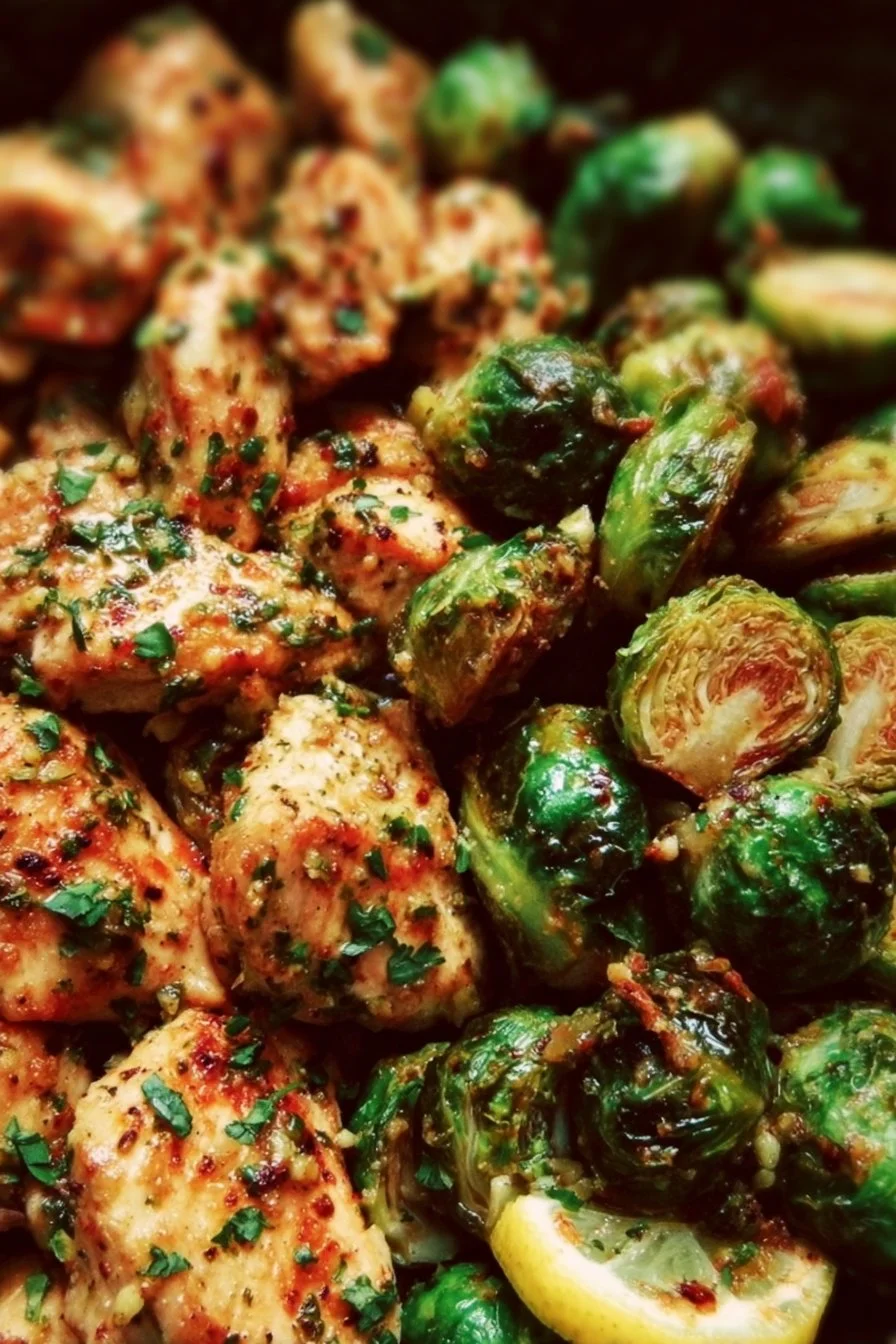 Plate of Lemon Garlic Butter Chicken with Roasted Brussels Sprouts