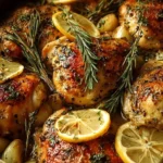 Juicy lemon garlic chicken served with herbs and lemon wedges.