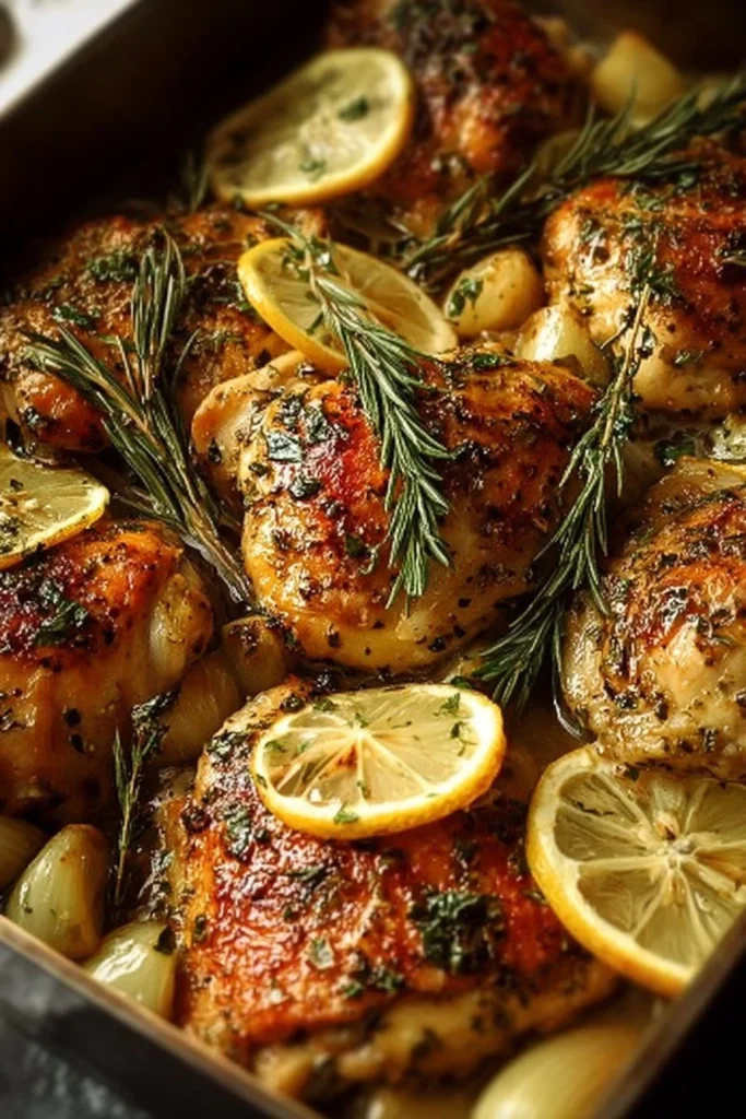 Juicy lemon garlic chicken served with herbs and lemon wedges.