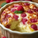 Lemon Raspberry Cottage Cheese Bake garnished with fresh raspberries and lemon zest