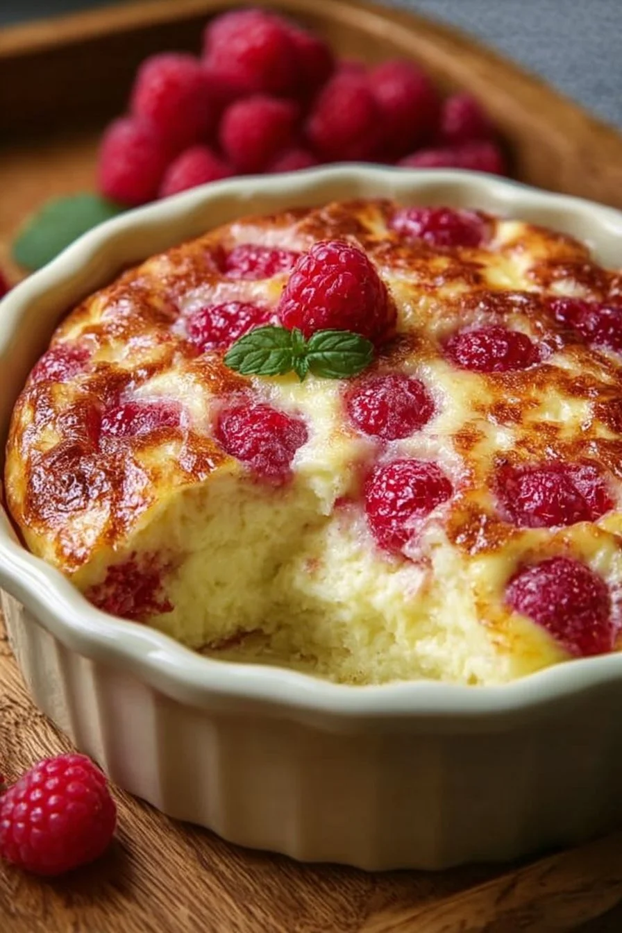 Lemon Raspberry Cottage Cheese Bake garnished with fresh raspberries and lemon zest