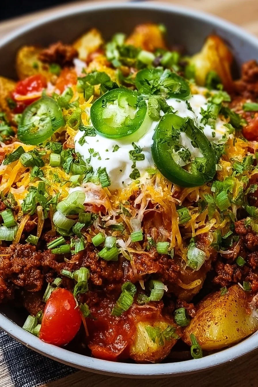 Loaded Potato Taco Bowl with toppings and vibrant ingredients