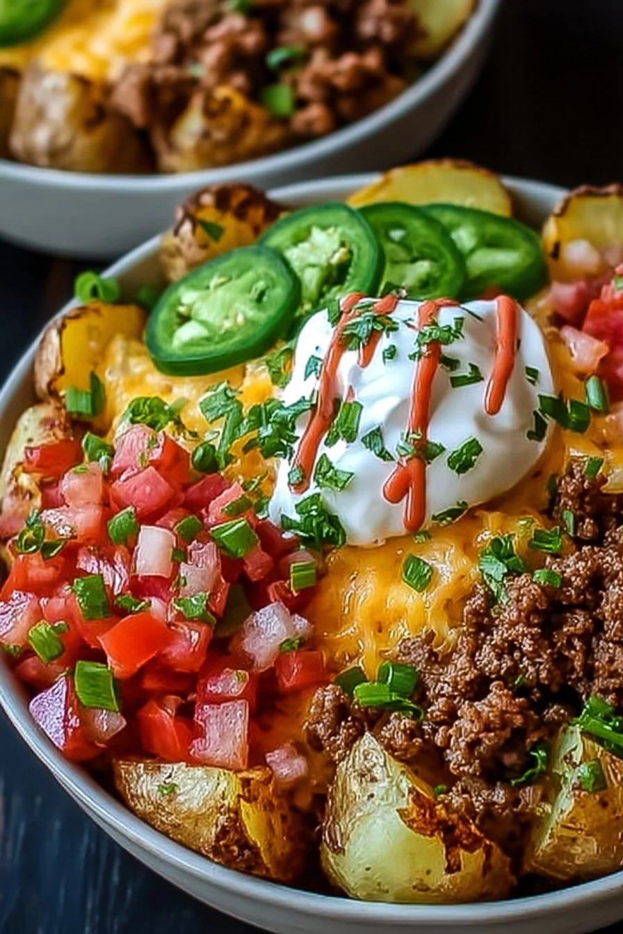 Delicious loaded potato taco bowls topped with fresh ingredients