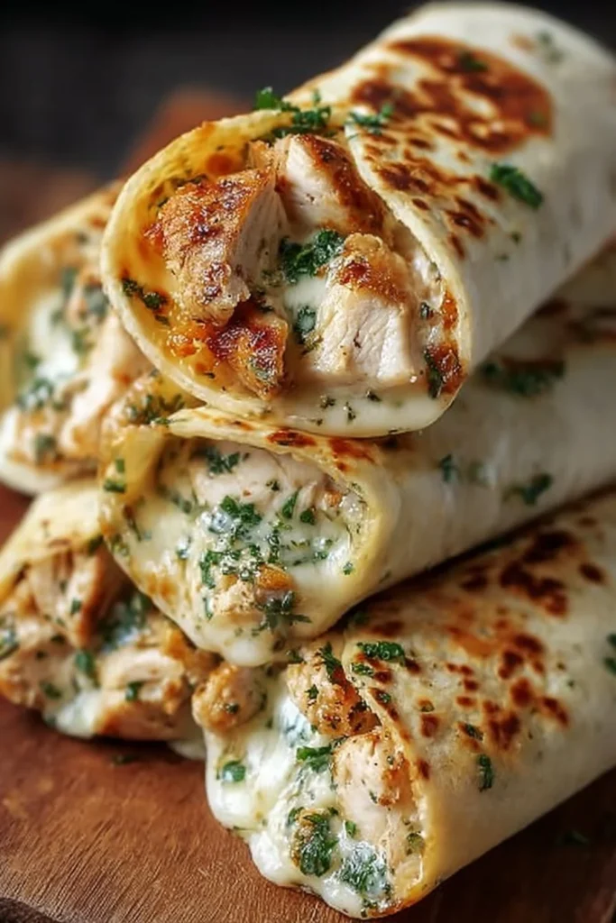 Low carb cheesy garlic chicken wraps with fresh ingredients and savory flavors