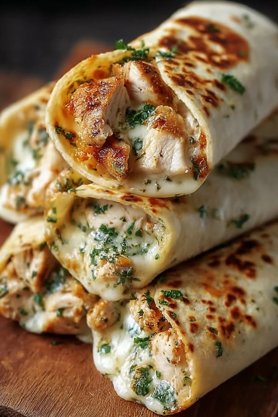 Low carb cheesy garlic chicken wraps with fresh ingredients and savory flavors