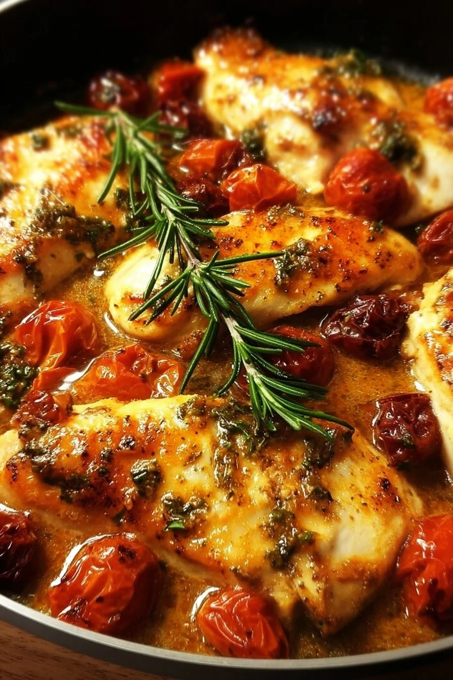 Delicious low-carb Tuscan chicken served on a plate with herbs and vegetables.