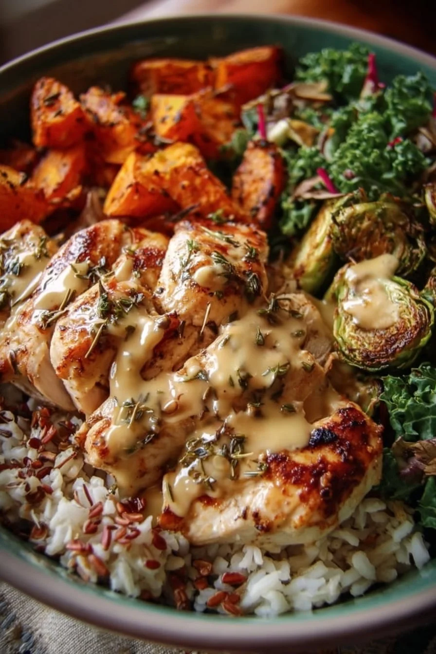 Maple Dijon Chicken Bowls featuring tender chicken, vibrant veggies, and a savory sauce.