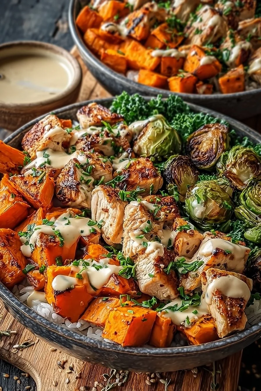 Maple Dijon Chicken Sweet Potato Bowls garnished with herbs